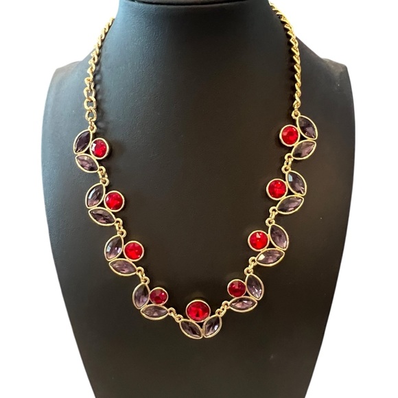 Liz Claiborne Jewelry - Liz Claiborne Statement Necklace Signed Red Purple Stone Flowers Gold Tone 20”